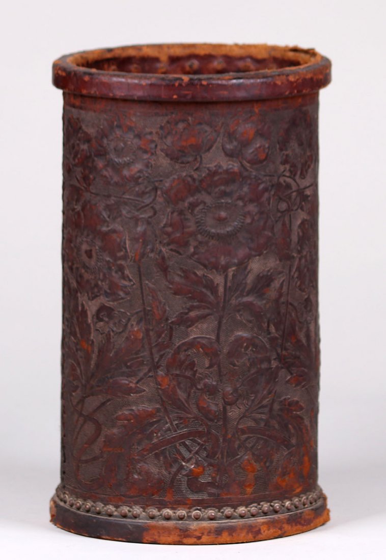 Arts & Crafts Tooled Leather Waste Basket c1910 (1 of 5)
