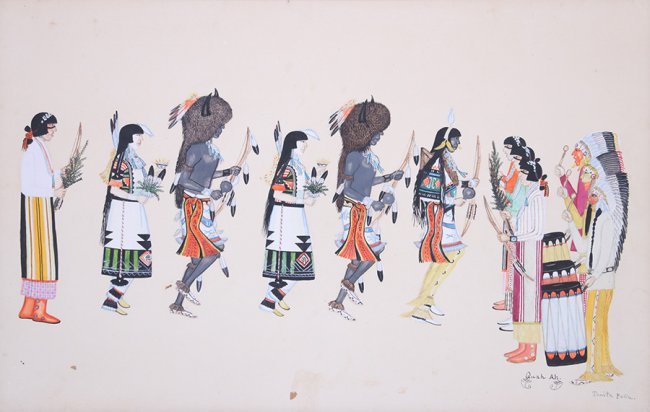 Tonita Pena Gouache Buffalo Dance: Tonita Pena (1895-1949) Gouache on paper of Buffalo Dance. Signed. Appears to have light acid burn and mild foxing. Not examined out of frame. 14"h x 22"w. Frame 15.5"h x 23.5"w. Spend $5000 or more a