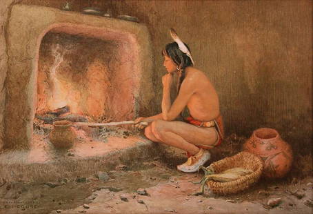 Eanger Irving Couse Chromolithograph Taos Indian c1904: Eanger Irving Couse original color chromolithograph c1904 entitled “Taos Indian Roasting Corn”. 14&#8243;h x 20.5&#8243;w. Oak frame 20&#8243;h x 26.25&#8243;w.  Spend $5000 or more at this auctio