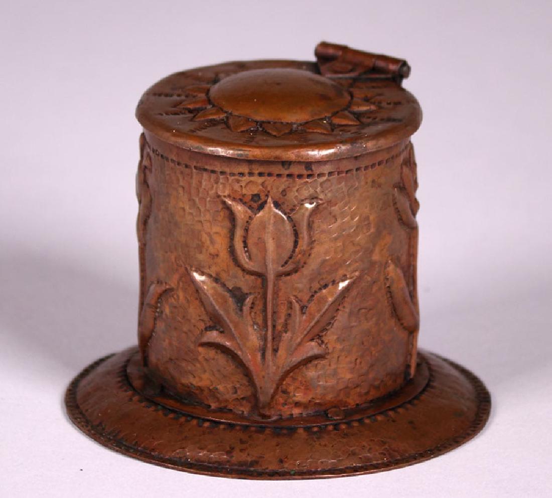John Pearson Hammered Copper Round Box c1900: John Pearson hammered copper box. Pearson founded the Guild of Handicraft along with Charles Ashbee in 1888 and in 1892 went to work at Newlyn. Signed "J.P. 1900". Original patina. 4"h x 4"d. Spend $5
