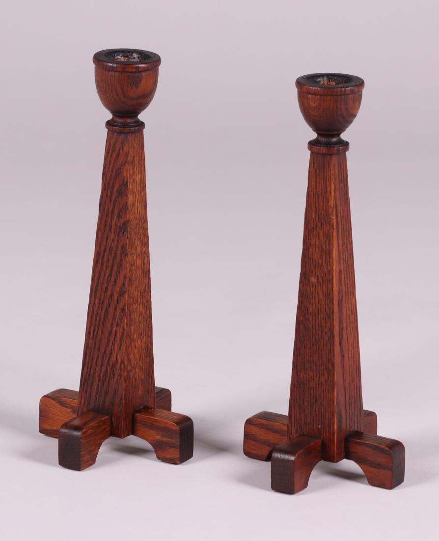 Pair Arts & Crafts Tall Oak Candlesticks c1910 (1 of 1)