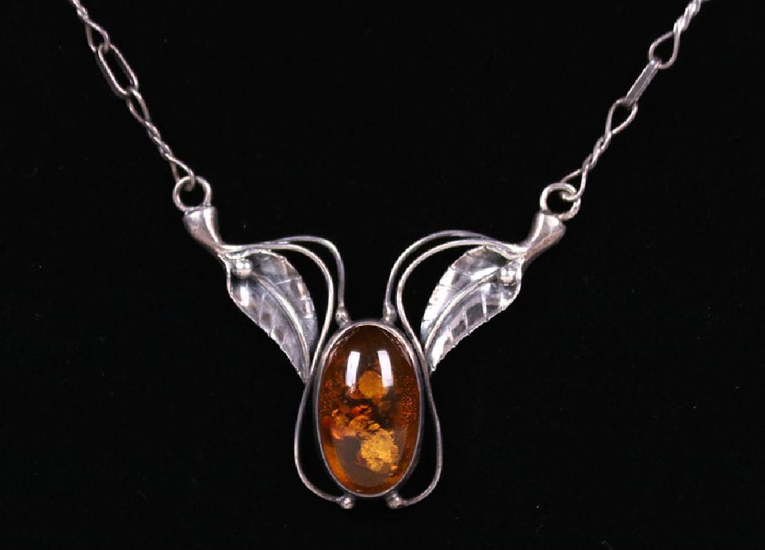 Arts & Crafts Sterling Silver & Amber Pendant Necklace (1 of 2)