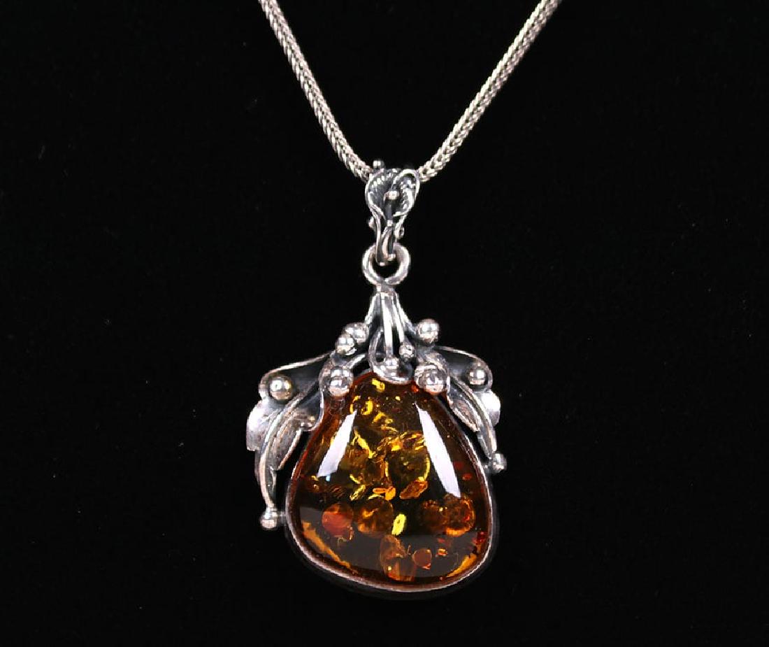 Arts & Crafts Sterling Silver & Amber Pendant Necklace (1 of 2)