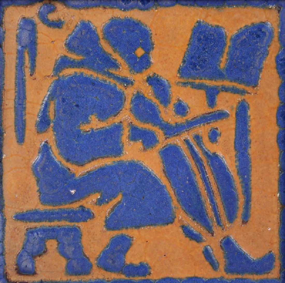 Grueby Faience Matte Blue & Ochre Cello Tile (1 of 2)