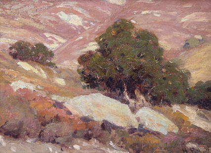 Hanson Puthuff California Oak Tree Painting: Hanson Puthuff (1875-1972) California Oak Tree oil on board landscape painting. Excellent condition. Signed lower right. Tim Holton custom oak frame. 11&#8243;h x 15&#8243;w. Frame 16.5&#8243;h x 22&#