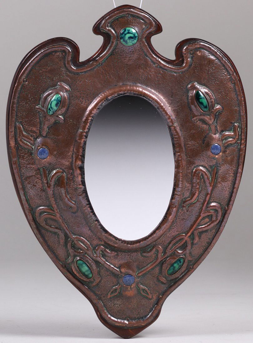 English Arts & Crafts Hammered Copper & Enamel Mirror (1 of 1)