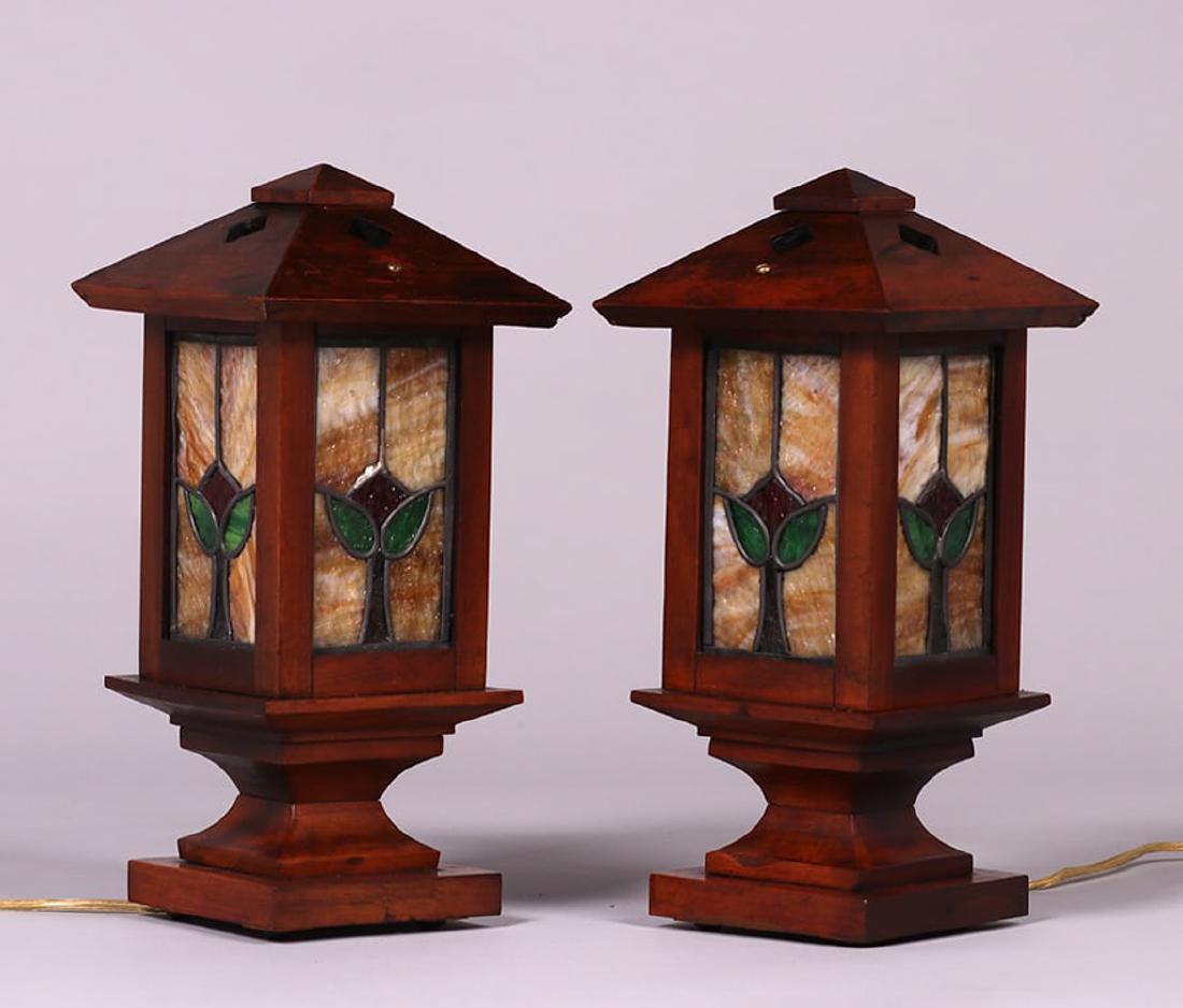 Pair Arts & Crafts Mahogany & Leaded Glass Newell Post (1 of 2)