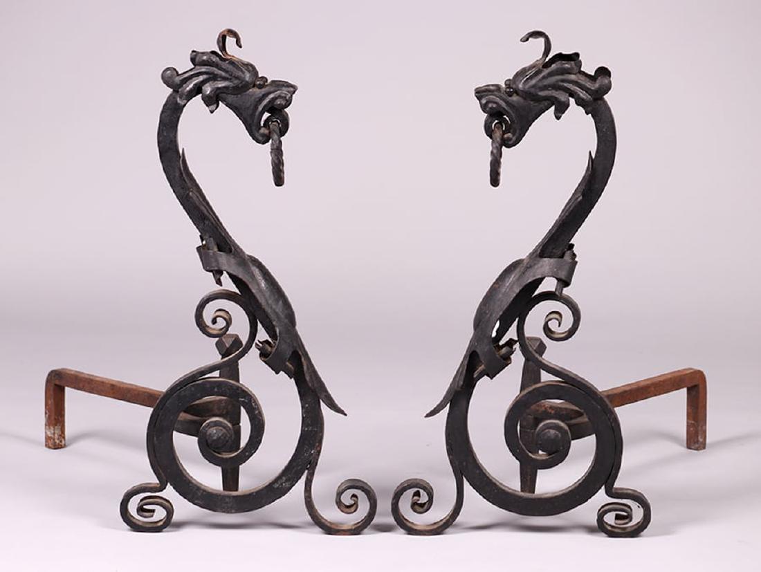 Arts & Crafts Hand-Forged Sea Serpent Andirons c1910 (1 of 3)