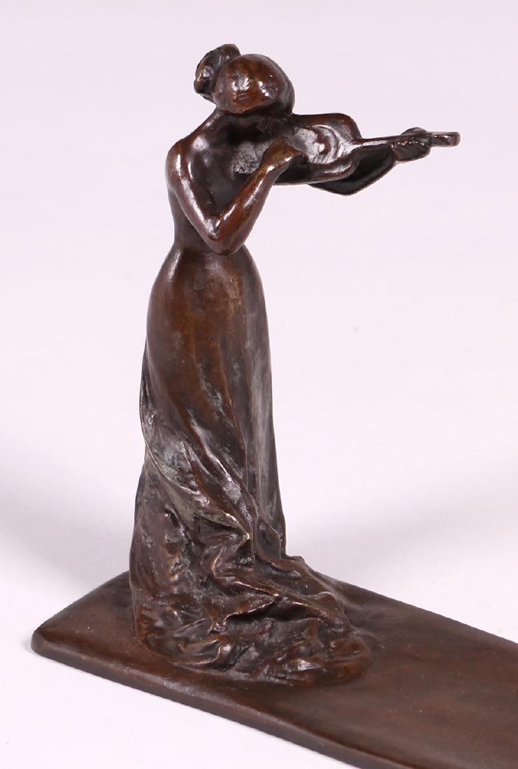 Art Nouveau Bronze Sculpture Woman with Violin c1900: Hans Stoltenberg-Lerche (1865-1920) bronze sculpture of woman playing violin c1900. Lerche was born in Germany but moved to Paris in 1891. Signed. Excellent original patina. 12.5"w x 6.5"h x 3 3/8"d S