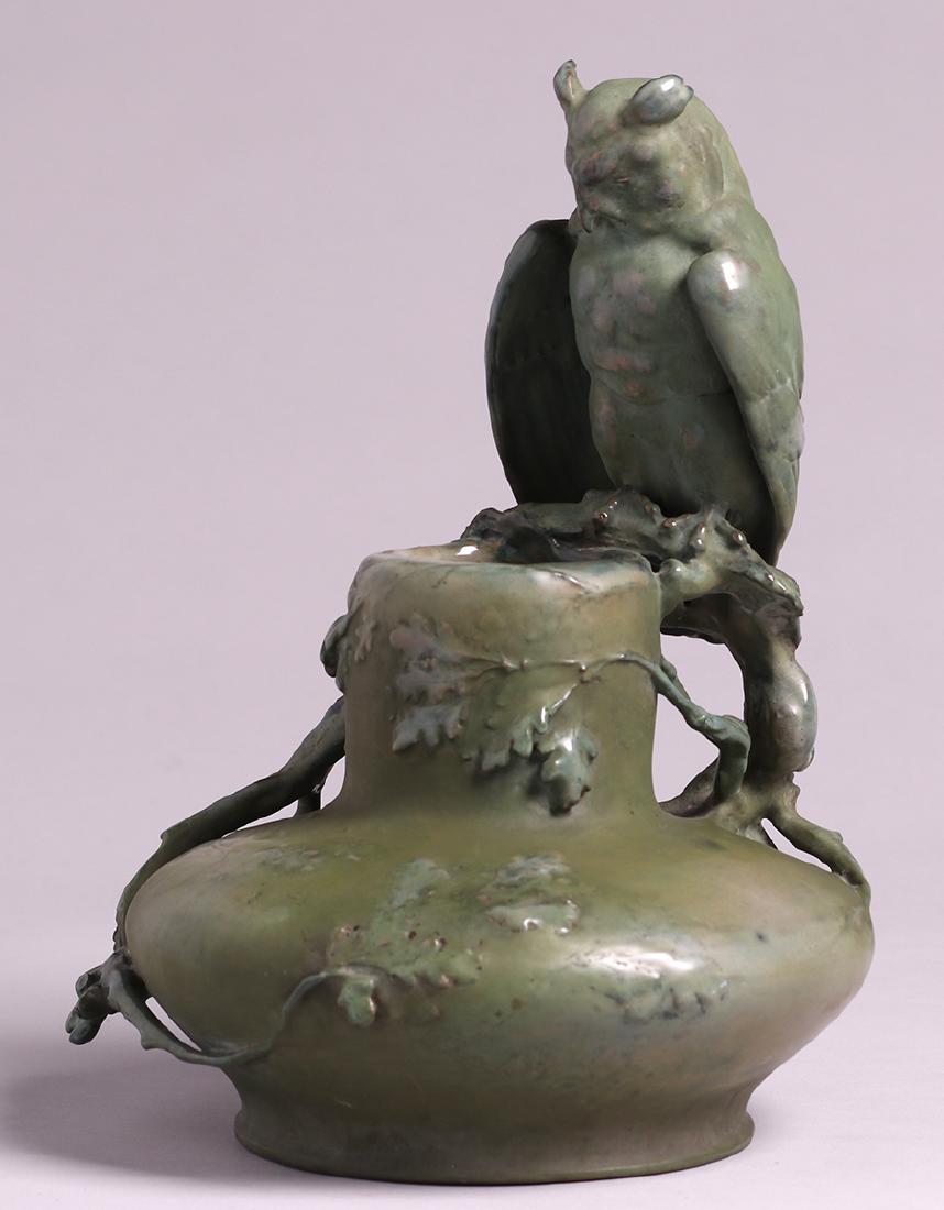 Austrian Shellmacher Matte Green Figural Owl Vase c1900 (1 of 6)