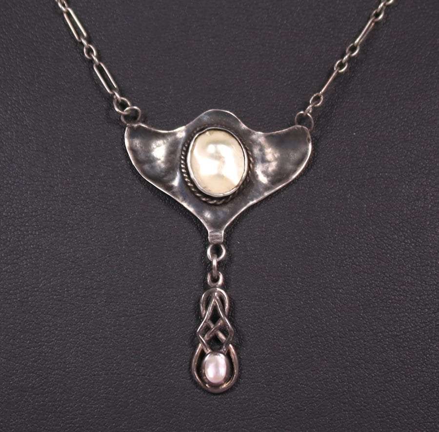 Arts & Crafts Silver & Blister Pearl Pendant Necklace (1 of 2)