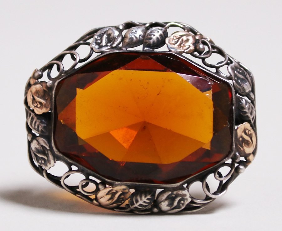Arts & Crafts Sterling Silver Amber Glass Brooch c1910 (1 of 2)