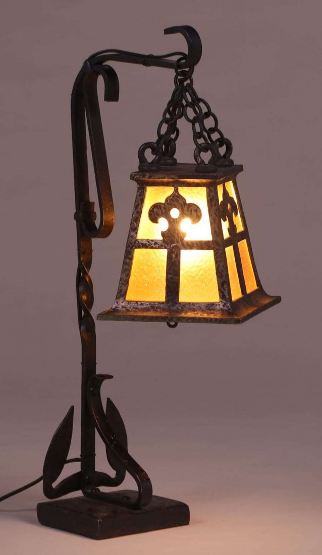 Arts & Crafts Iron Slag Glass Lamp c1915 (1 of 3)