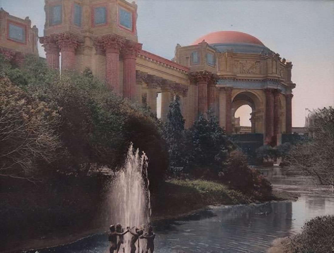 Vintage Hand-Tinted Photo Palace of Fine Arts c1915: Vintage hand-tinted photo of Bernard Maybeck's Palace of Fine Arts c1915. Photo probably taken during the Panama Pacific International Exhibition. Unsigned. Excellent condition. Extraordinary original