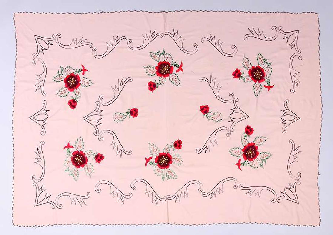 Large Arts & Crafts Table Linen Hand-Embroidered Roses (1 of 2)