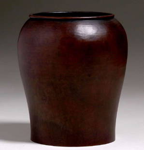 Early Dirk van Erp Hammered Copper Vase c1908-1909: Early unsigned Dirk van Erp hammered copper milkcan-shaped vase c1908-1909. Michael Adams patina. On page 33 of the Dirk van Erp book, this form shows up inverted as an early lamp base in figure