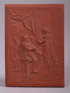 Arts & Crafts Red Bisque Tile c1906: Arts & Crafts red bisque tile with theatrical scene. Marked Vallejo 1889 Solano Co. Alexander Robertson (formerly Roblin Pottery) left San Francisco after the 1906 earthquake and briefly worked in Val