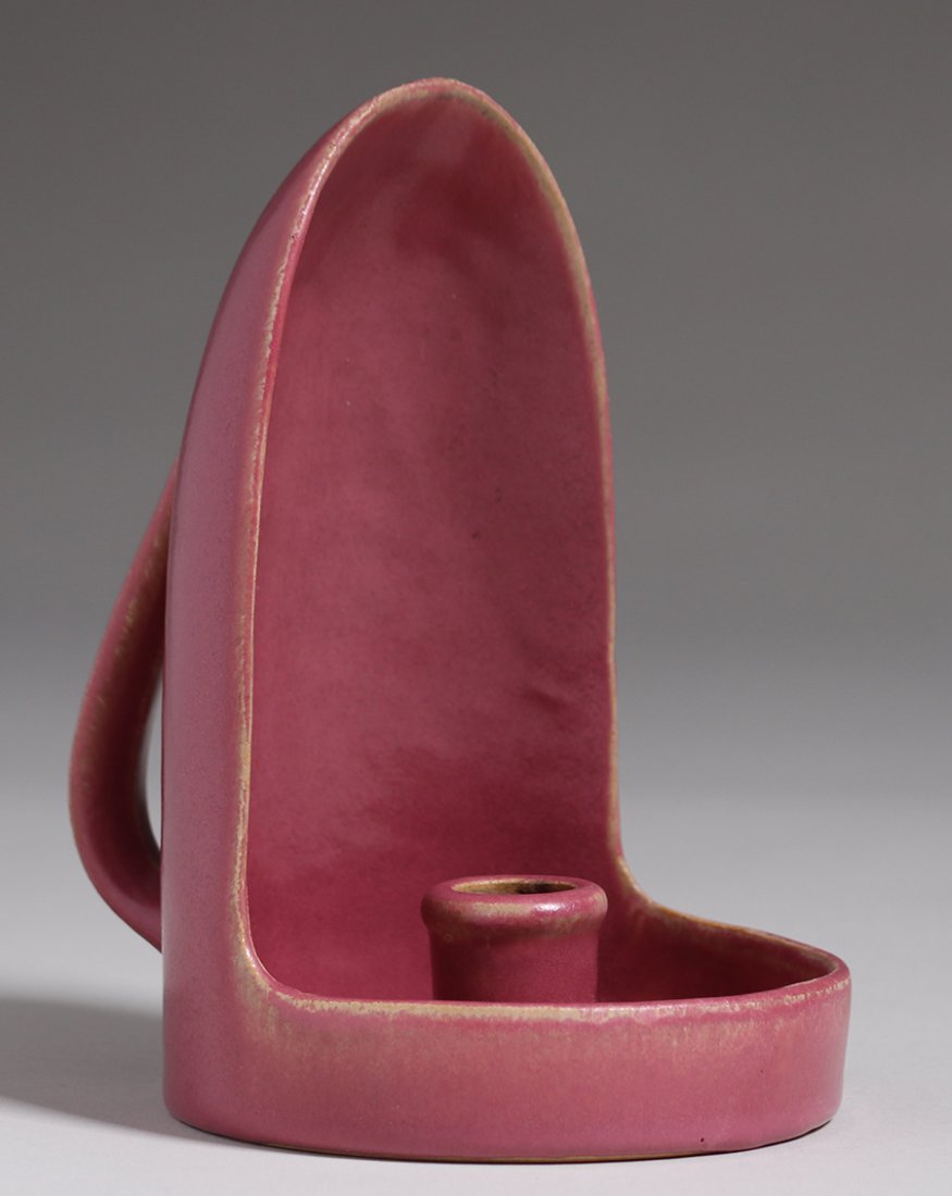 Fulper Chamberstick c1910: Fulper Pottery matte strawberry chamberstick c1910. Signed. Small grinding chip to base, otherwise perfect condition. 7.75"h. Spend $5000 or more at this auction and all of your SHIPPING IS FREE withi
