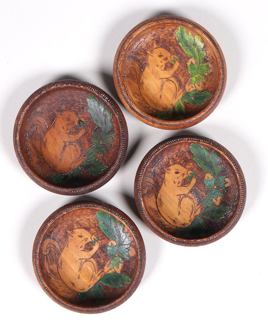 Set of 4 Arts & Crafts Pyrography Nut Bowls c1920s (1 of 2)