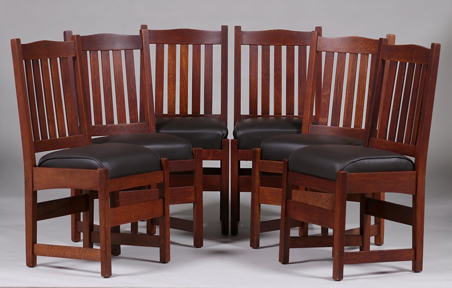 Set of 6 L&JG Stickley #808 Dining Chairs (2nd Set): Set of 6 L&JG Stickley #808 dining chairs c1912. Signed. Excellent original finish. 36.5"h x 18.25"w x 17"d. Spend $5000 or more at this auction and all of your SHIPPING IS FREE within the lower 48 st