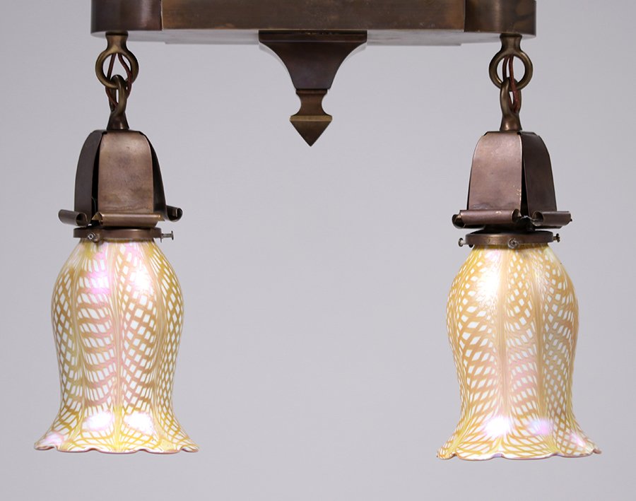 Arts & Crafts Brass Quezal Double Light Fixture c1910 (1 of 3)