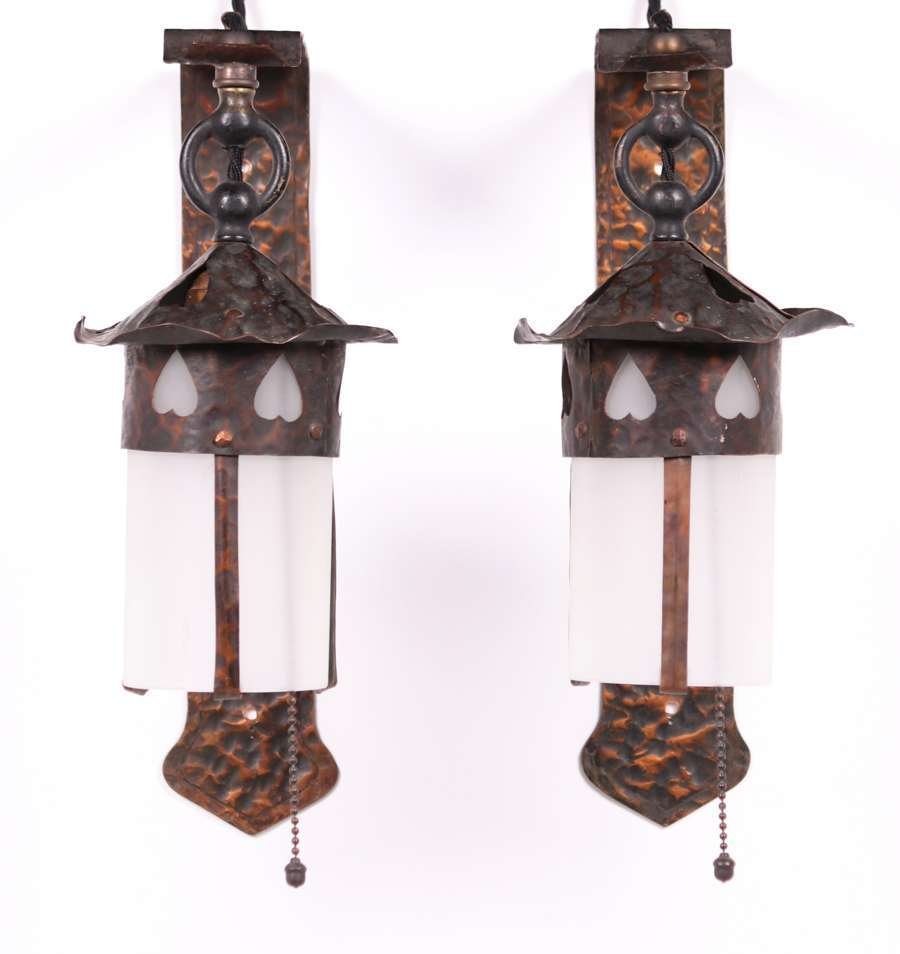 Pair Arts & Crafts Hammered Copper Sconces c1910 (1 of 3)