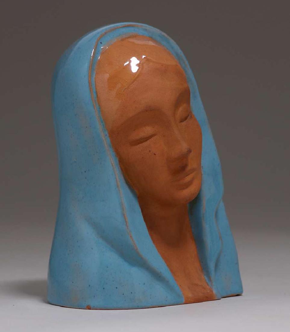 California Faience WPA-Era Madonna c1930s: California Faience WPA-era Madonna signed "Shirlnat California" c1930s. A couple of small chips on base, otherwise perfect condition. Kirby Brown Collection. 6"h x 4"w x 3"d Spend $5000 or more at thi