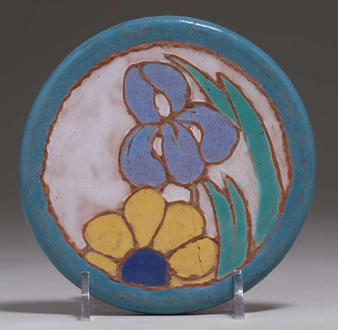California Faience Circular Floral Tile c1930s (1 of 2)