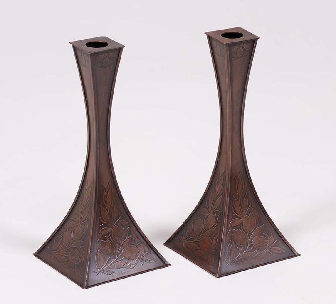 Pair Arts & Crafts Acid-Etched Copper Candlesticks (1 of 4)