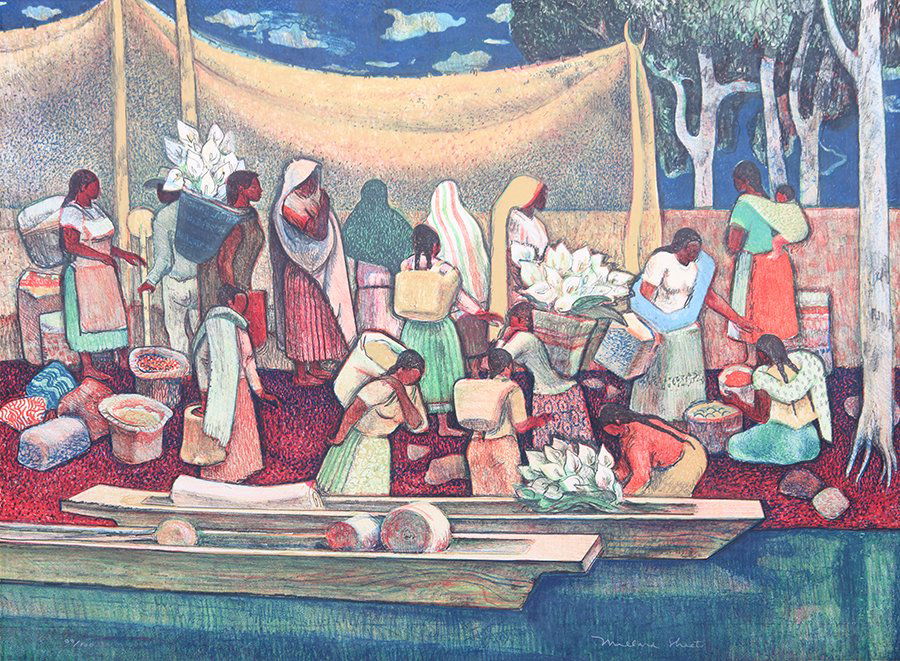 Millard Sheets Large Signed Lithograph 1971: Millard Sheets (1907-1989) large lithograph entitled "Mexican Flower Sellers" c1971. Signed. Excellent condition. 17"h x 23"w. Frame 22.5"h x 28.5"w. Spend $5000 or more at this auction and all of you