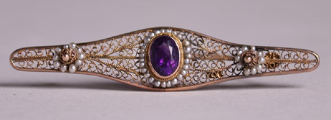 Arts & Crafts 14k Gold Filigree Amethyst Brooch (1 of 1)
