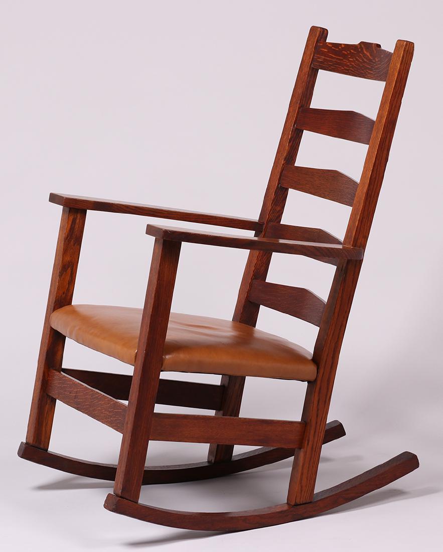 Limbert Tall Back Rocker c1910: Limbert tall back rocker c1910. Unsigned. Excellent original finish. Very sturdy. 39.5"h x 26"w x 29.5"d. Spend $5000 or more at this auction and all of your SHIPPING IS FREE within the lower 48 state