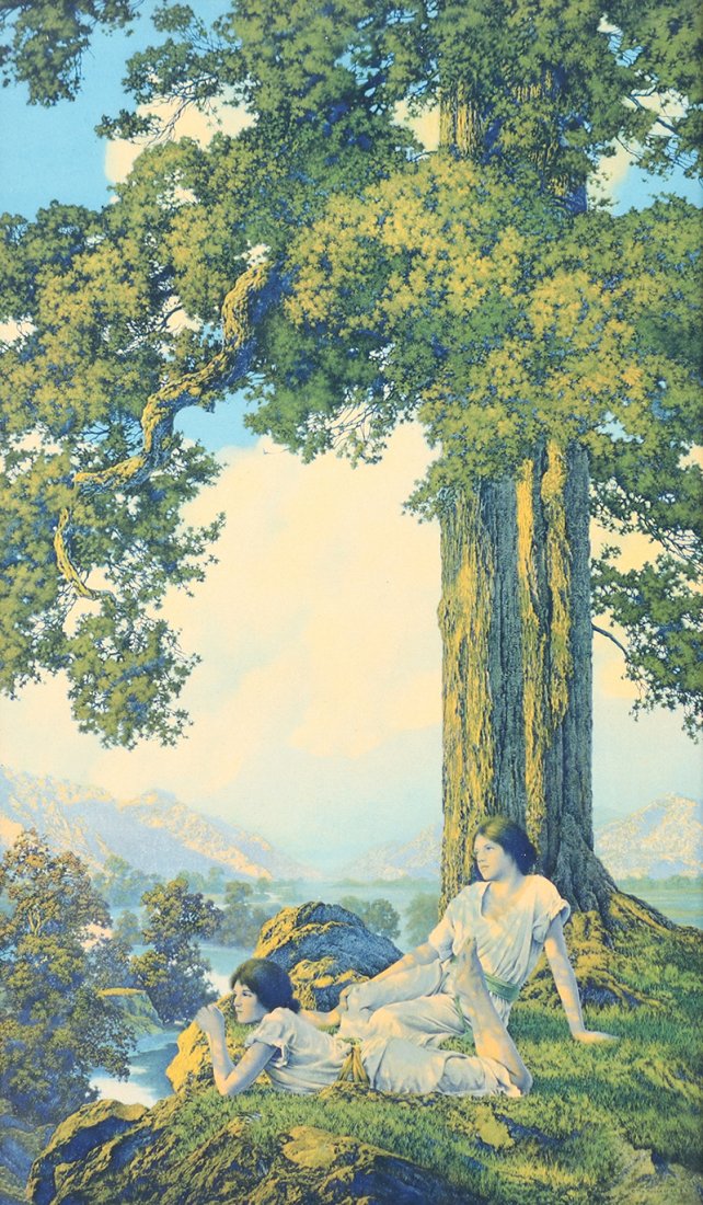 Maxfield Parrish Print "Hilltop" c1927: Maxfield Parrish Print "Hilltop" c1927. Signed. Excellent original condition. 20"h x 12"w. Original frame 21.5"h x 13.5"w. Spend $5000 or more at this auction and all of your SHIPPING IS FREE within t