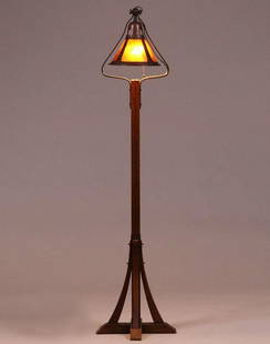 Michael Adams Gustav Stickley Designed Oak Floor Lamp: Michael Adams Gustav Stickley designed oak floor lamp with a hammered copper and mica shade c1995. Signed. Excellent condition. 58"h x 14" x 14" Spend $5000 or more at this auction and all of your SHI