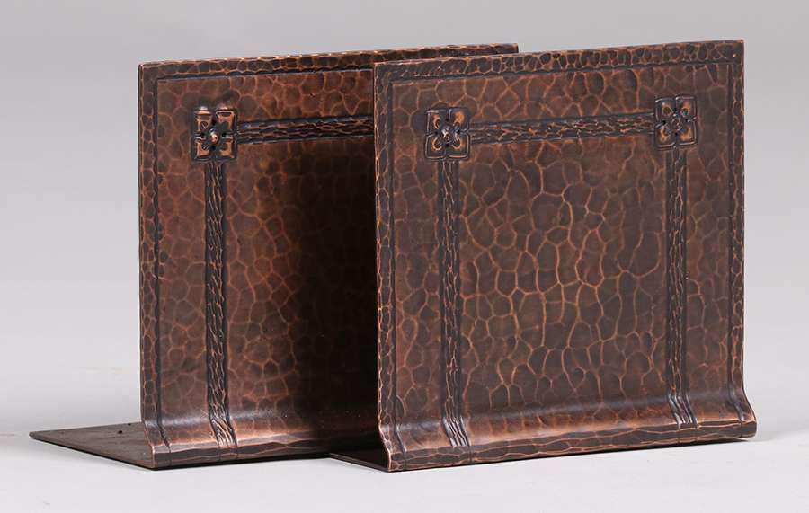 Pair Roycroft Hammered Copper Square Flower Bookends (1 of 3)