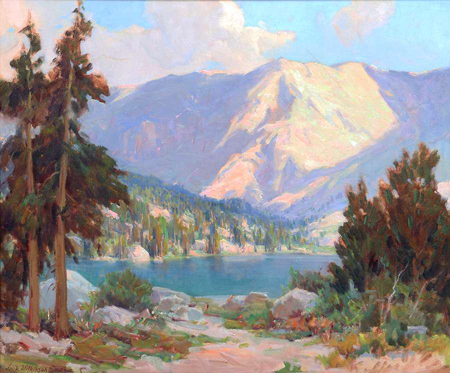 Jack Wilkinson Smith Painting "High Sierra" c1910: Jack Wilkinson Smith (1873-1949) oil painting "High Sierra" c1910. Signed. Professionally relined. Excellent condition. 20"h x 24"w. Frame 27"h x 31.25"w Spend $5000 or more at this auction and all of