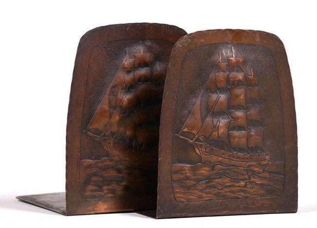 Harry Dixon Hammered Copper Galleon Ship Bookends c1924 (1 of 3)