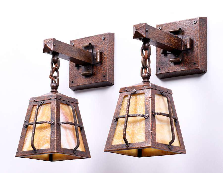 Arts & Crafts Hammered Copper & Slag Glass Sconces (1 of 3)
