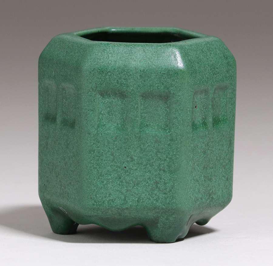 Small Weller Pottery Matte Green Six-Sided Vase c1910 (1 of 3)