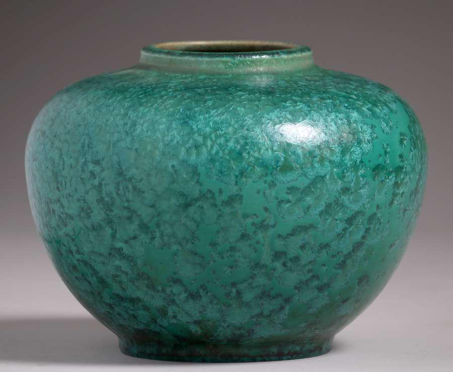 Thomas Gotham Bulbous Crystalline Green Vase (1 of 3)
