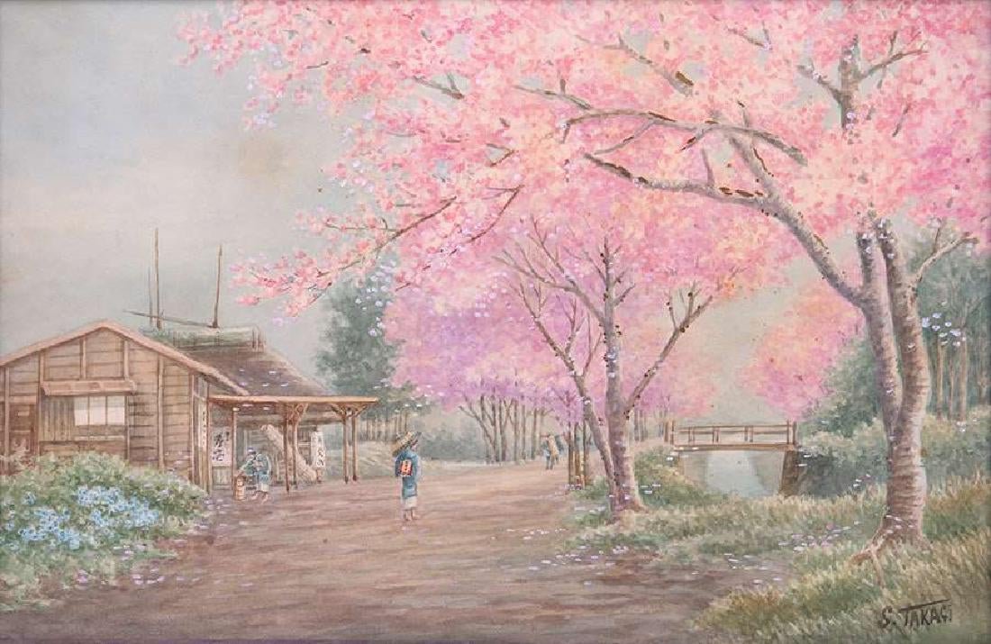 Arts & Crafts Japanese Watercolor Cherry Blossoms c1910 (1 of 4)