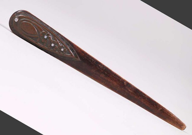 Arts & Crafts Hammered Copper & Moonstone Letter Opener: Arts & Crafts hammered copper repousse and inset moonstones riveted to a wooden letter opener c1905. Unsigned. Excellent condition. 13.75″ long. Spend $5000 or more at this auction and all of yo