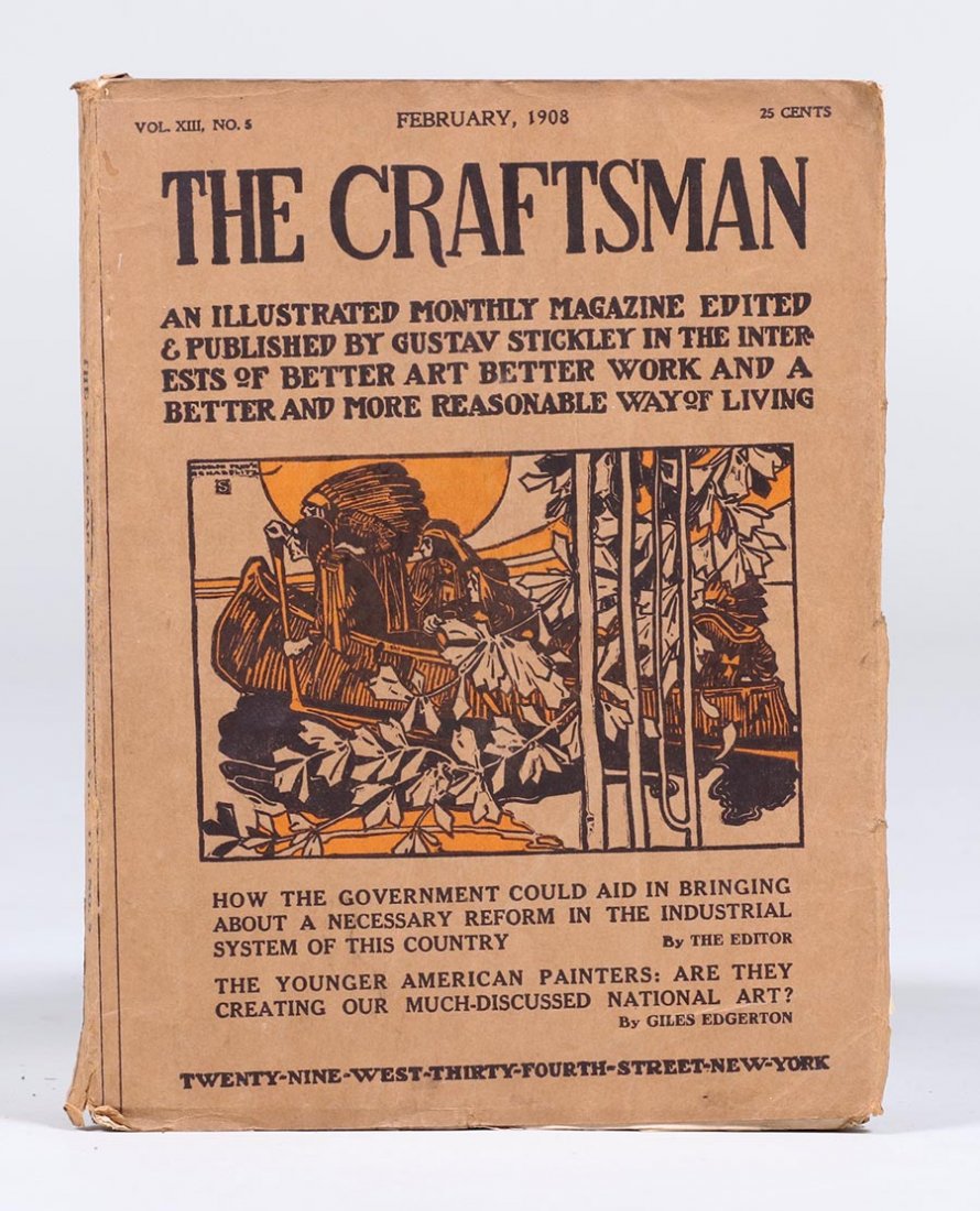 Gustav Stickley's Craftsman Magazine February 1908: Gustav Stickley's Craftsman Magazine February 1908. Crisp and excellent condition. 10.75"h x 8.75"w. Spend $5000 or more at this auction and all of your SHIPPING IS FREE within the lower 48 states.