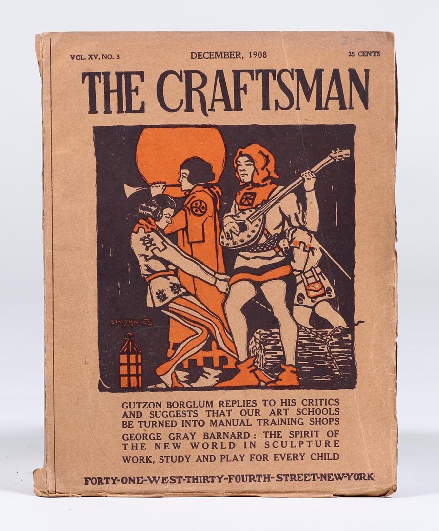 Gustav Stickley's Craftsman Magazine December 1908: Gustav Stickley's Craftsman Magazine December 1908. Slight separation to top and bottom edge of spine and crease in cover, otherwise crisp and excellent condition. 10.75"h x 8.75"w. Spend $5000 or mor