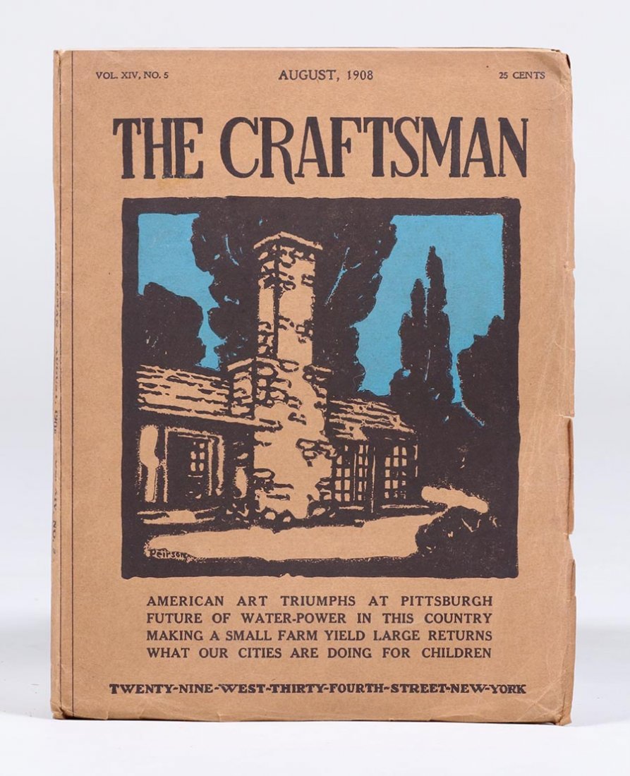 Gustav Stickley's Craftsman Magazine August 1908: Gustav Stickley's Craftsman Magazine August 1908. Crisp and excellent condition. 10.75"h x 8.75"w. Spend $5000 or more at this auction and all of your SHIPPING IS FREE within the lower 48 states.