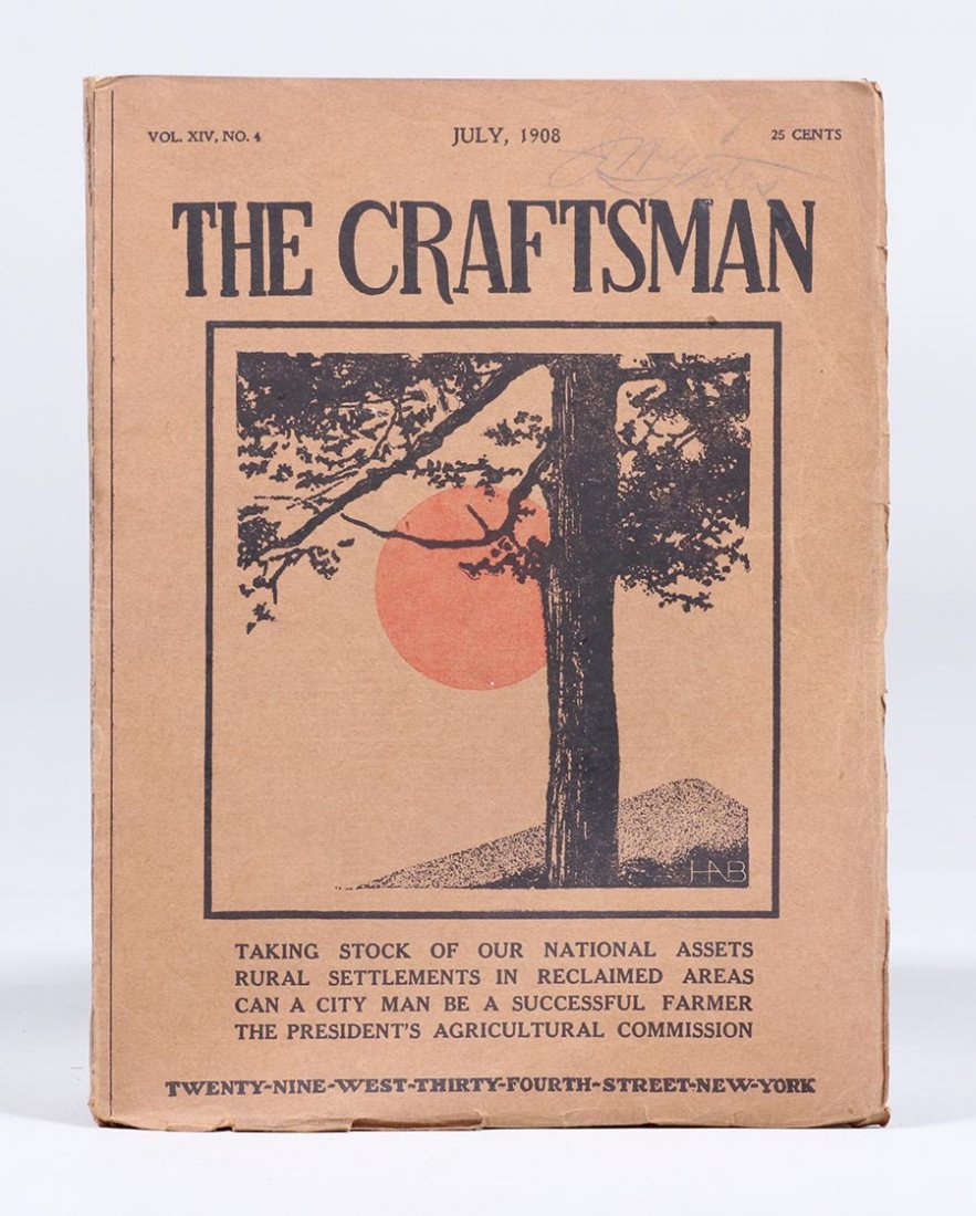 Gustav Stickley's Craftsman Magazine July 1908: Gustav Stickley's Craftsman Magazine July 1908. Crisp and excellent condition. 10.75"h x 8.75"w. Spend $5000 or more at this auction and all of your SHIPPING IS FREE within the lower 48 states. SH
