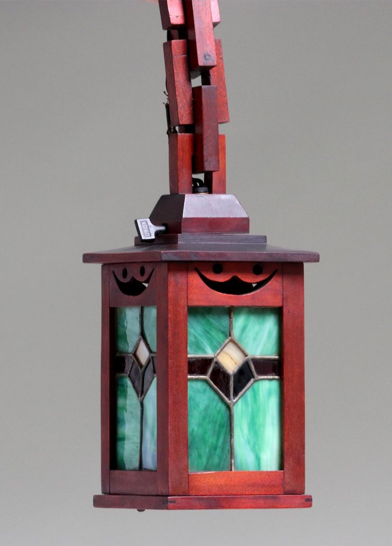 Shop of the Crafters Cutout Leaded Glass Pendant Sconce: Shop of the Crafters - Cincinnati, OH cutout leaded glass pendant sconce c1905. Unsigned. Excellent original finish. 17"h overall x 5.5" x 5.5". Spend $5000 or more at this auction and all of your SHI