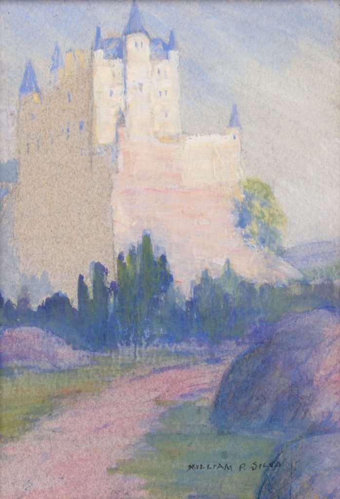 William Posey Silva Pastel "The Castle of Segovia": William Posey Silva (1859-1948) Pastel "The Castle of Segovia, Spain" 1939. Inscribed "Tom y good friend and fellow artist H.W. Howell Sept 1st, 1939". Signed. Excellent condition. UV filtered museum