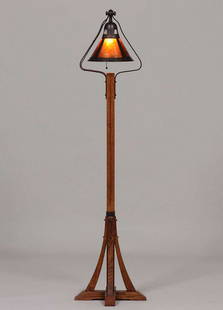 Michael Adams Gustav Stickley Designed Oak Floor Lamp: Michael Adams Gustav Stickley designed oak floor lamp with a hammered copper and mica shade c1995. Signed. Excellent condition. 57"h x 14" x 14". Spend $5000 or more at this auction and all of your SH