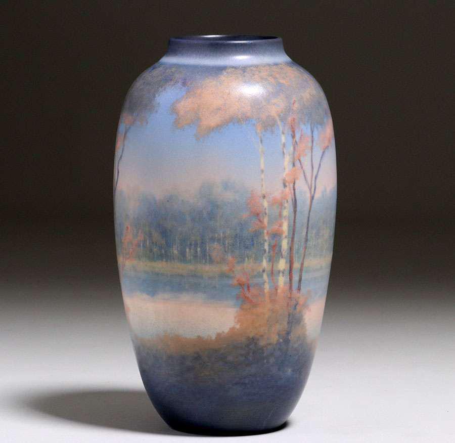 Large Rookwood Pottery Scenic Aspen Trees Vellum E.T.: Large Rookwood Pottery Scenic Aspen Trees Vellum E.T. Hurley . Dated 1948. Perfect condition. 12.5"h x 6.5"d Spend $5000 or more at this auction and all of your SHIPPING IS FREE within the lower 48 st